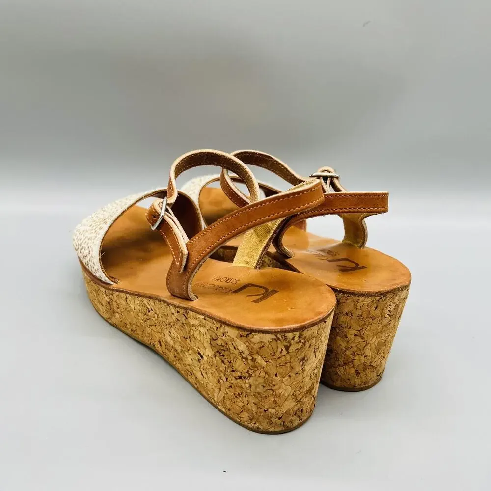 K Jacques St Tropez Sandals Womens 9 Brown Leather Cork Platform Wedge Shoes